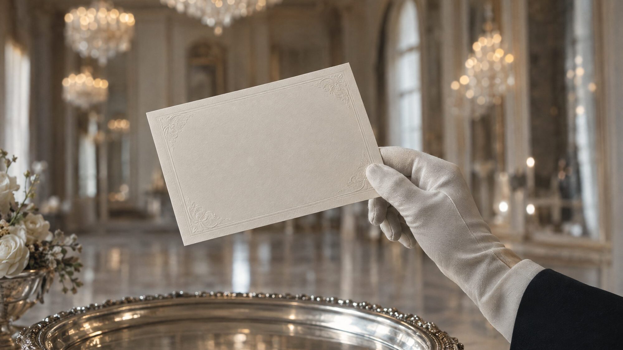 A gloved hand holding an ivory invitation card above a silver tray in a ballroom