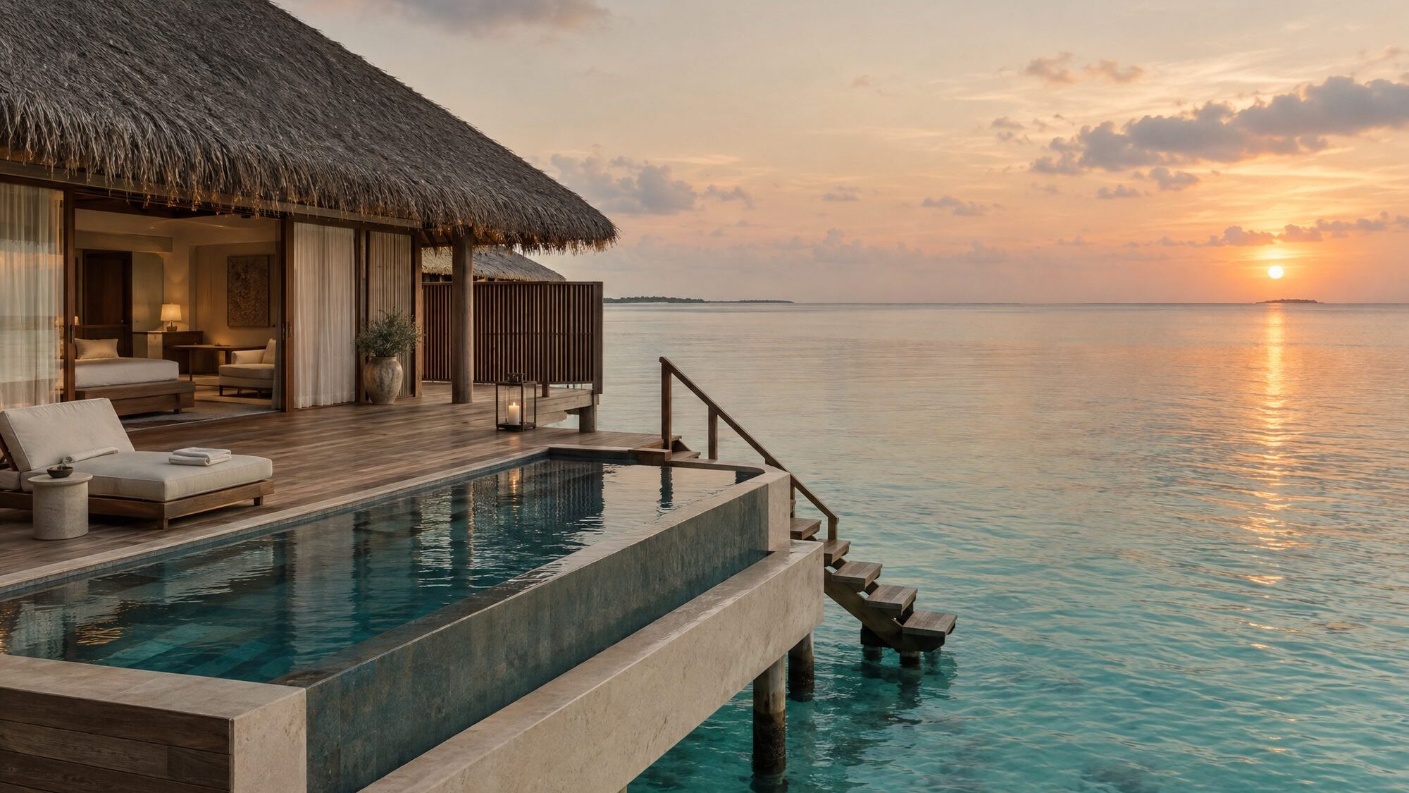 An overwater villa with a private plunge pool above a turquoise lagoon at sunset