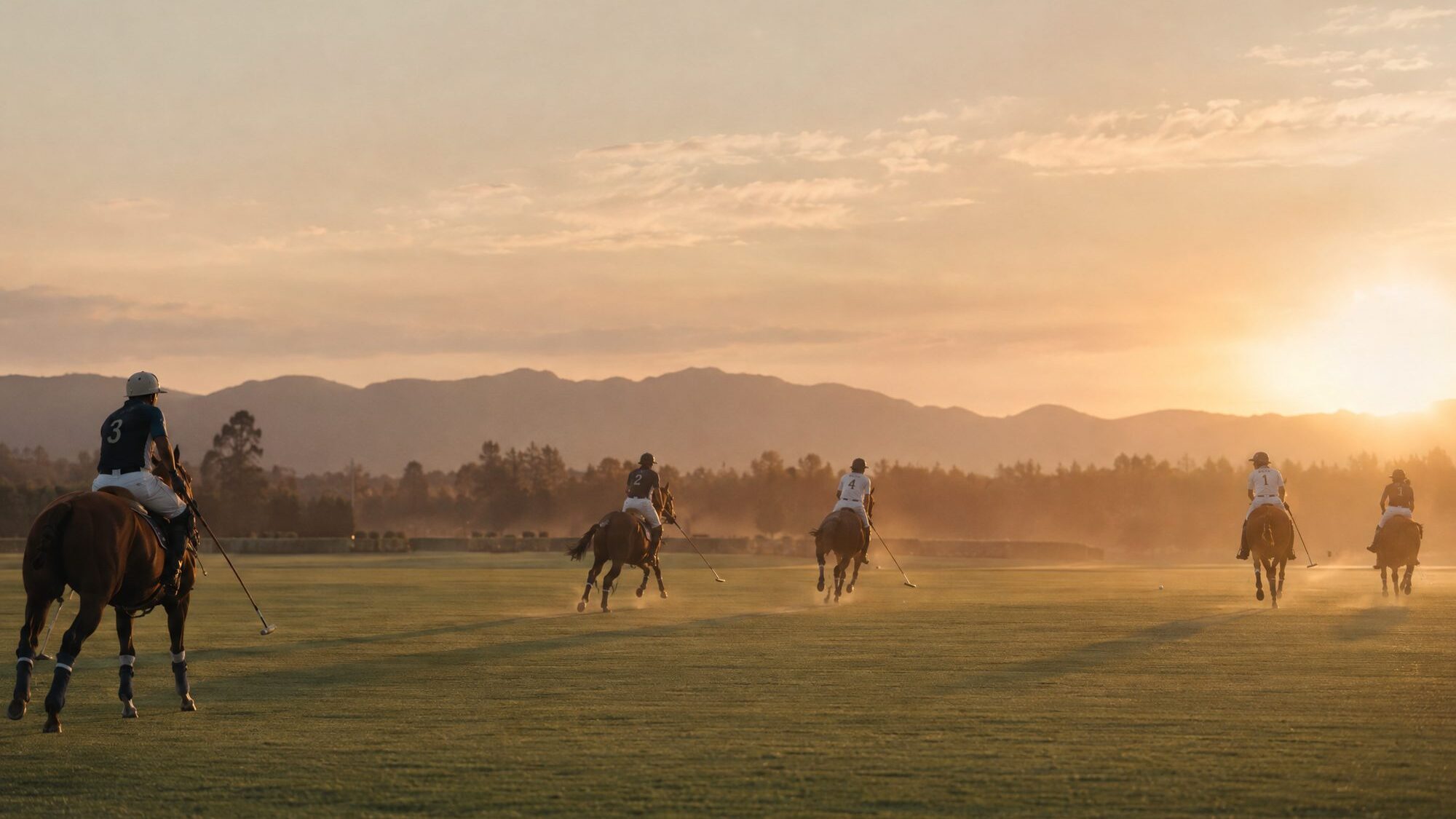 Polo players riding across a green field at golden hour