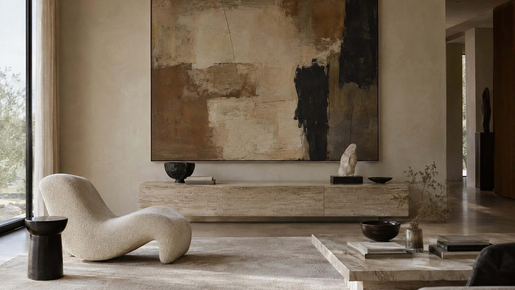 A collector's living room with a large abstract painting above a travertine console