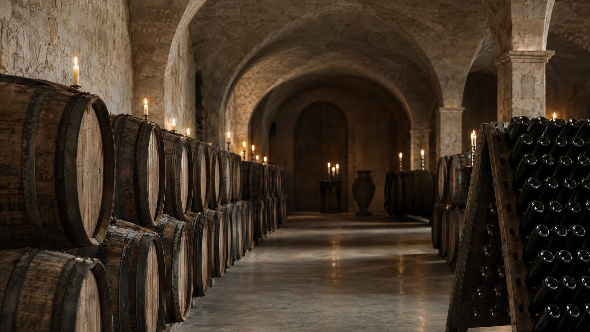 Oak barrels and a riddling rack of Champagne bottles in a candlelit stone cellar